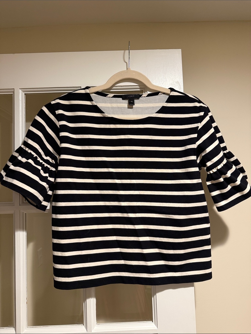 J. Crew Black & Cream Striped Short Sleeve Tee with Ruffle Sleeves